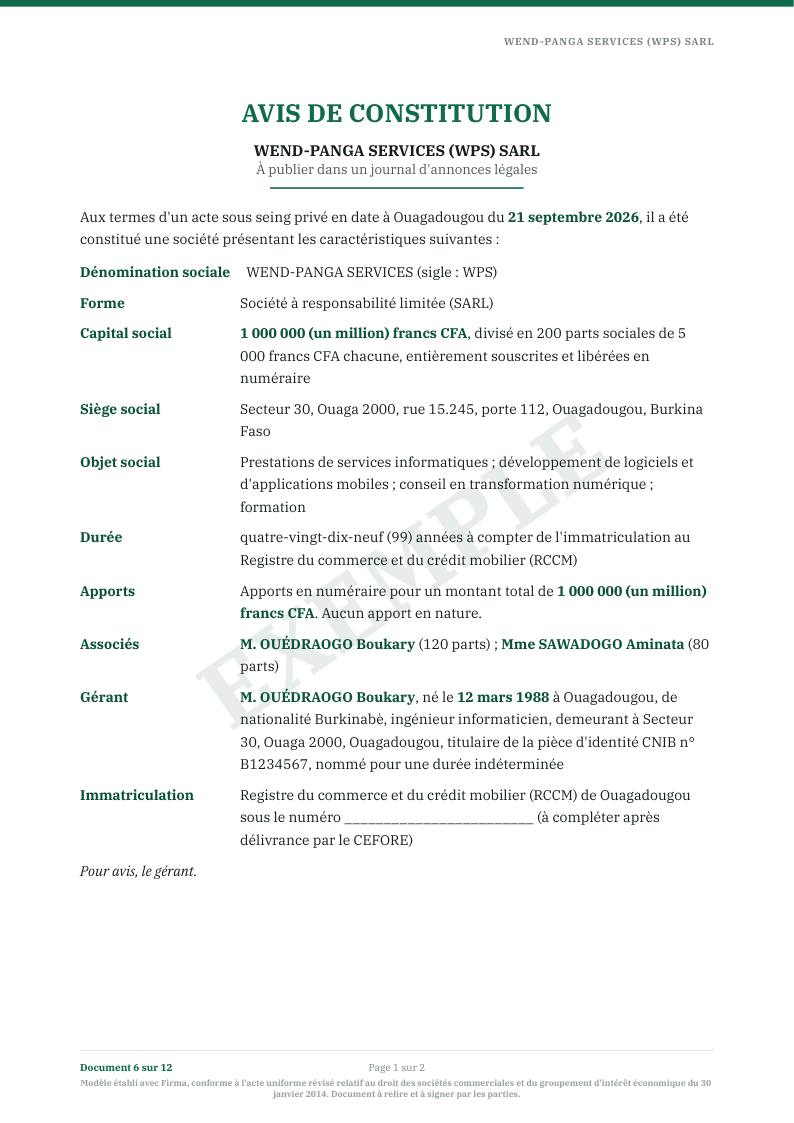 Première page : Avis de constitution