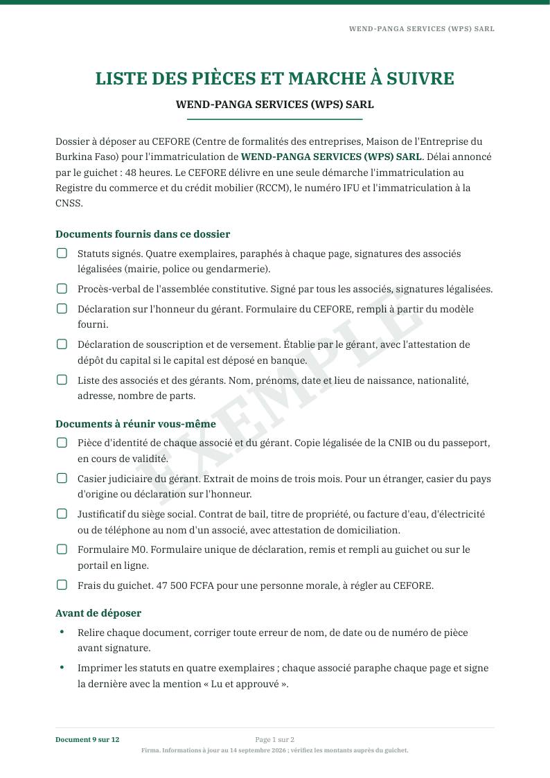 Première page : Liste des pièces et marche à suivre
