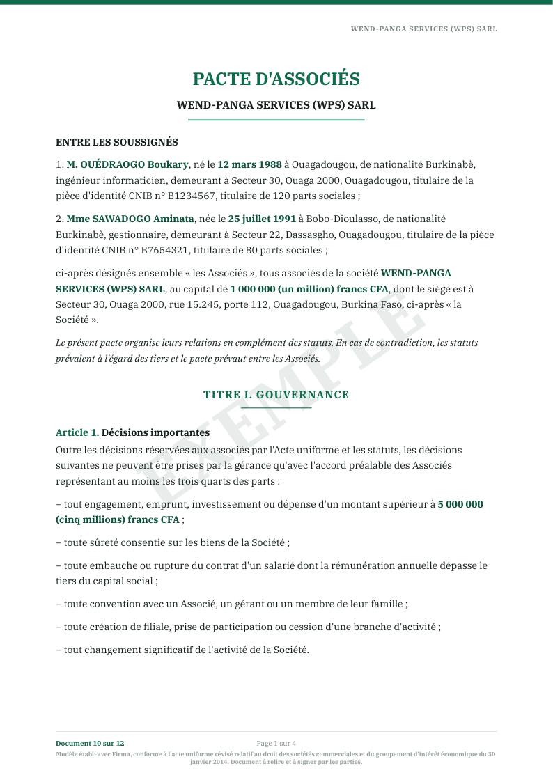 Première page : Pacte d'associés