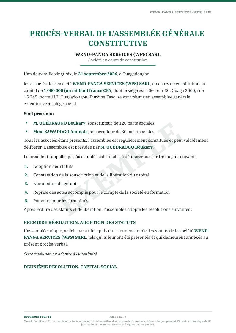 Première page : Procès-verbal de l'assemblée constitutive
