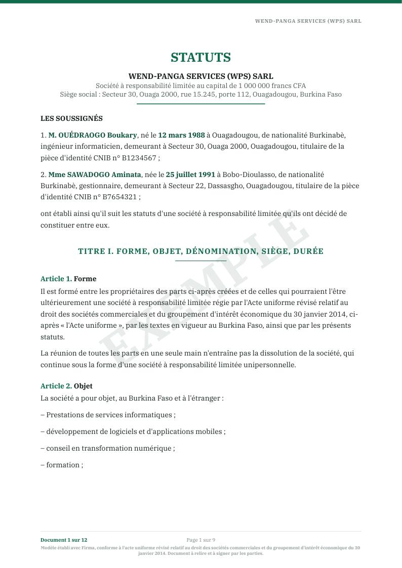 Première page : Statuts